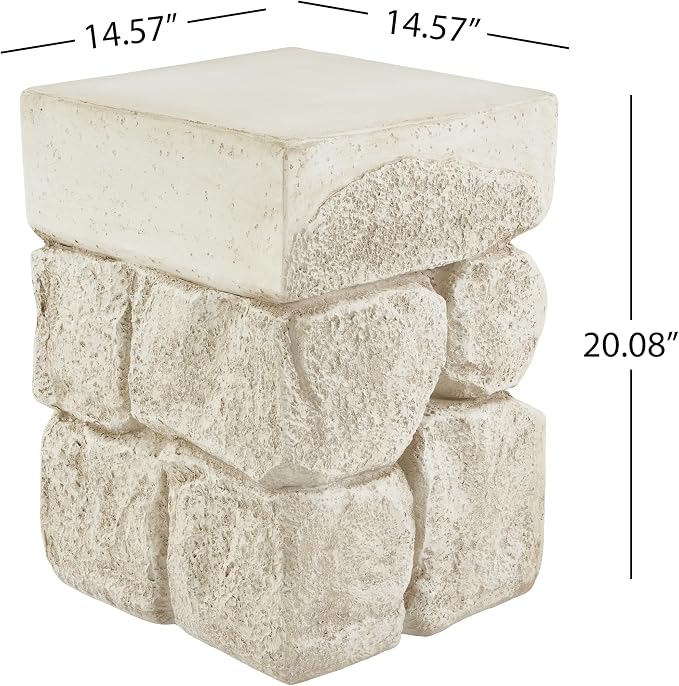 Square Outdoor Concrete Side Table, Patio End Table, Faux Stacked Stone Accent Table with Wave for Indoor Outdoor, Garden Stool Coffee Table for Patio, Garden, Backyard - 14.57" Beige MgO