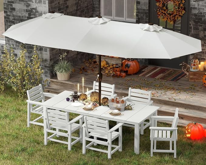 7-Piece Outdoor Dining Set with 75.2" Table for 6,White | HDPE material, umbrella hole design, weather-resistant furniture, perfect for garden, lawn, poolside, yard, balcony, deck