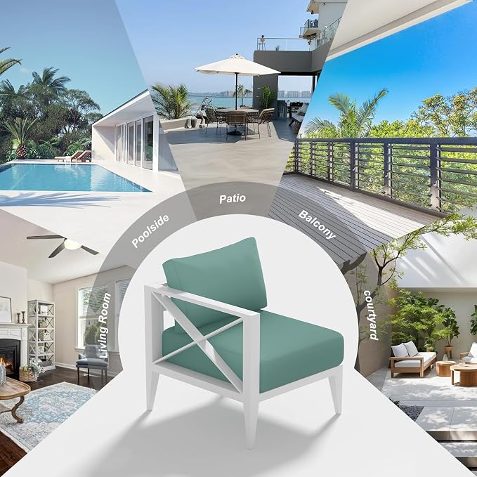 Outdoor Aluminum Patio Furniture Set, 5-Seats Patio Conversation Sofa Set with 1 Corner Sofa and 2 Coffee Tables, All Weather for Pool, Balcony, Garden-White
