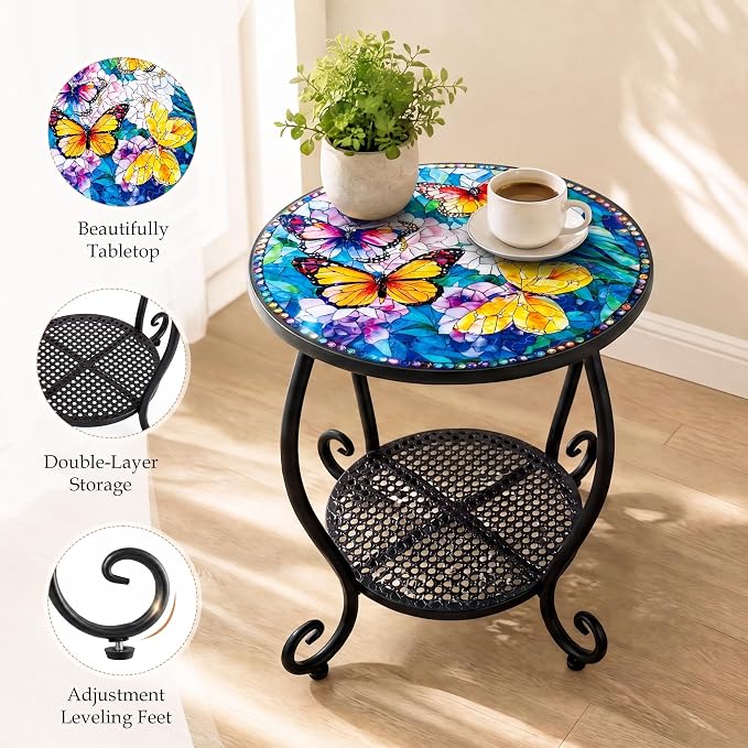 Outdoor Side Table, Small Patio Table Round Metal Outside Coffee End Table for Balcony Bistro Porch Yard Garden Patio Living Room（Butterfly