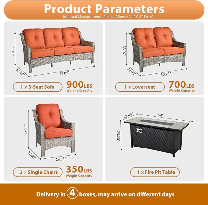Outdoor Patio Furniture Sets, 5 PCS Patio Conversation Set Outside Rattan Sofa with 54 in Fire Pit Table Comfy Cushions Fit Backyard Porch Garden Poolside Balcony,Orange Red
