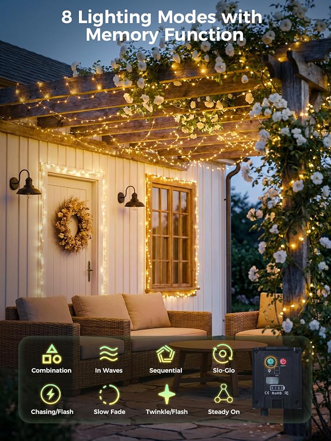 Solar String Lights for Outside,100FT 300 LEDs Solar Fairy Lights,Waterproof 8 Modes Button Outdoor String Light for Patio Garden Backyard Tree Wedding Christmas,Silver Wire,Warm White