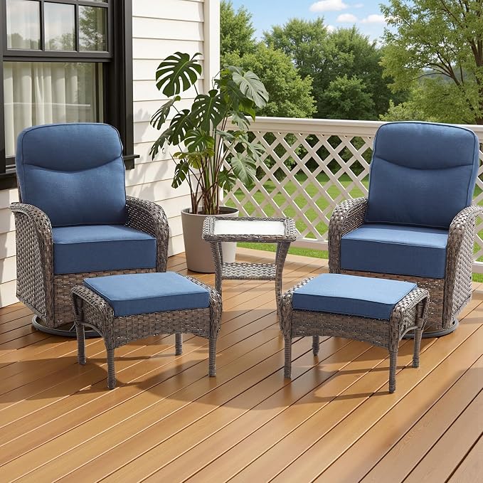 Luxury 6-Inch Cushion Outdoor Patio Furniture Set with Ottoman, Outdoor Swivel Rocker Patio Chairs with Side Table, Wicker Conversation Set for Deck Porch Garden Balcony and Poolside Blue