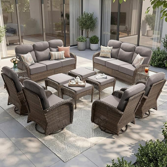 Outdoor Swivel Rocking Chair Patio Set (12pcs) High-Back - Thick Cushion Swivel Rocking Chair Patio with Sofa Set, All-Weather Wicker Patio Furniture Set, Suitable for Balcony Patios, Brown/Gery