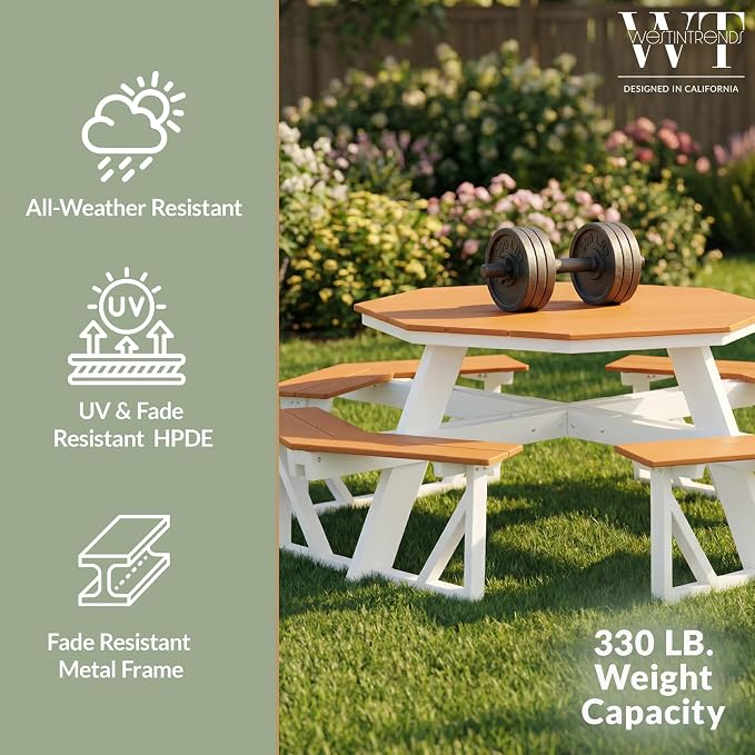 WestinTrends Outdoor 48" HDPE 8-Person Patio Octagon Picnic Table, Teak