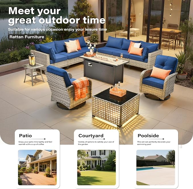 11 Pieces Outdoor Sectional Patio Furniture Set with 54" Fire Pit,Wicker Conversation Sets Rattan L Shaped Couch Swivel Rocking Chairs,Modular Outdoor Sofa for Porch Balcony Backyard Navy Blue