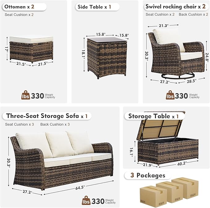 MEISSALIVVE 7 Pieces Patio Furniture Set with Swivel Chair, Outdoor Patio Conversation Set, Patio Sectional Furniture Set with 2 Swivel Rocker Patio Chair and Sofa, 2 Ottomans and Coffee Table (Brown)