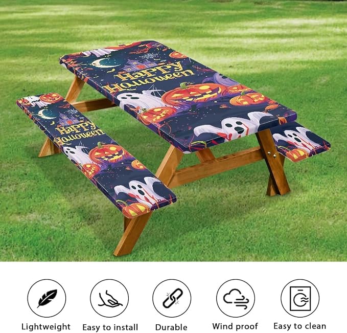 Happy Halloween Picnic Table Cover with Bench Covers Lightweight Camping Essentials, Oil-Proof Waterproof 3PCS Tablecloth with Elastic, Fitted for Backyard Parties & Trick-or-Treat