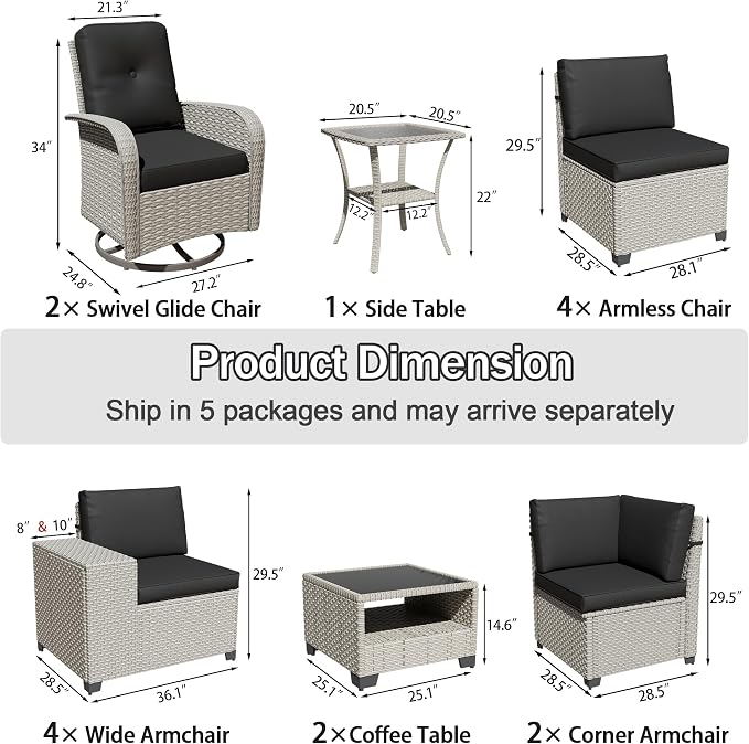 15-Piece Outdoor Patio Furniture Set, Modular Sectional Sofa Set with Swivel Rocker Chairs, Wicker Outdoor Couch Conversation Sets w/Coffee Table and Cushions, Black