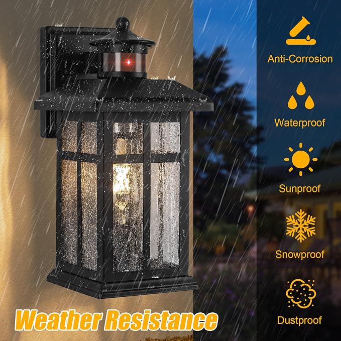 Brilvibera Outdoor Wall Light Motion Sensor, Dusk to Dawn Outdoor Lighting | Exterior Light Fixture, Black Porch Lights & Outdoor Dusk till Dawn Wall Mount Light for House Garage Entryway