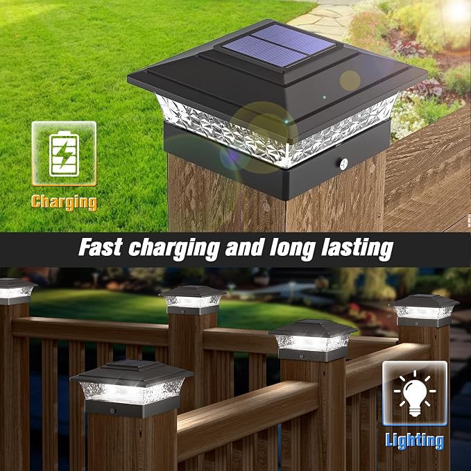 Solar Post Cap Lights Outdoor 12pack, Waterproof Fence Post Lights with 16 Ultra Bright LEDs Fit 4x4 Wood/Vinyl Posts, Black Deck Post Lights with Warm/Cool White for Garden Patio Porch Yard