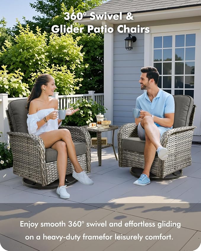 CAODOC 8-Piece Wicker Patio Furniture Set, All-Weather Rattan Conversation Bistro Loveseat Chair and Patio Rockers Set for Backyard, Balcony and Deck with Soft Cushions and Metal Table(Black)