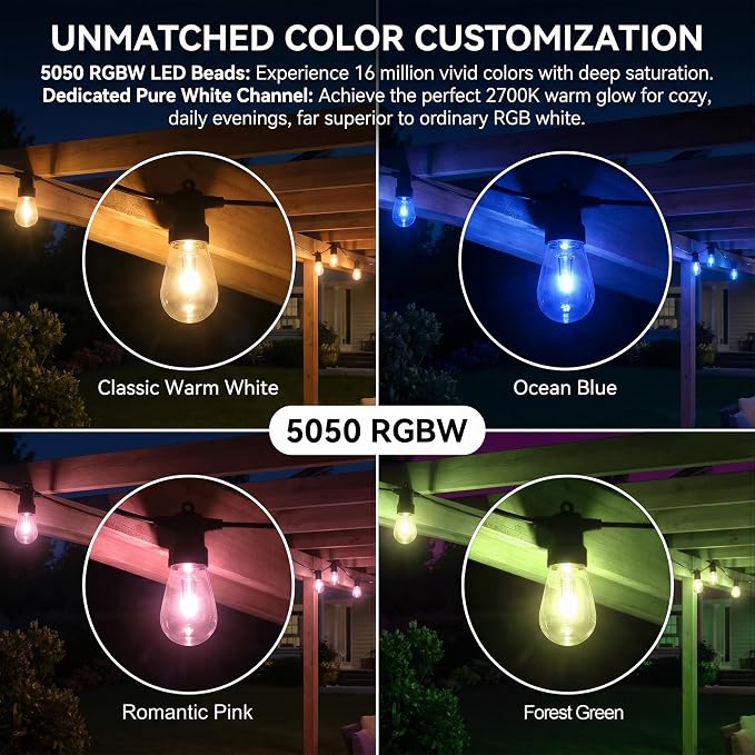 Outdoor String Lights 100FT, RGBW Clear ST14 Bulbs with App Control | 40 ST14 clear bulbs from 2×50FT connected strands with app control, remote control, music mode, timer for large spaces