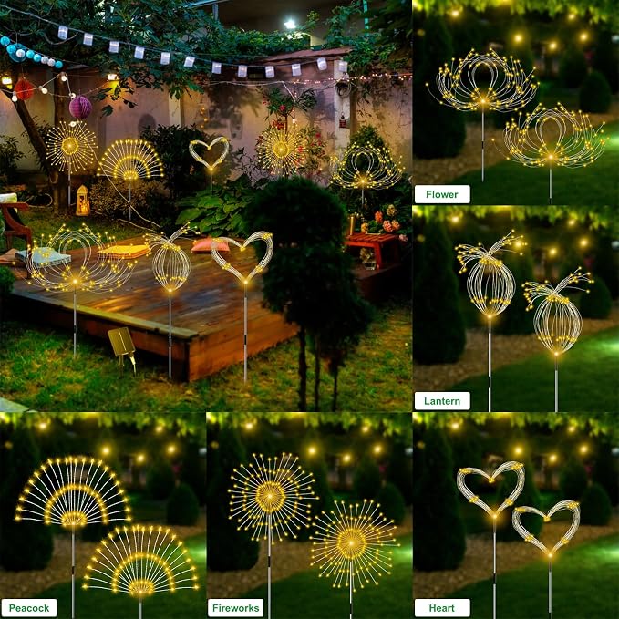 Slyuexu Solar Garden Lights Outdoor Waterproof, 4 Pack Total 480 LED Solar Firework Lights Decorative with 8 Lighting Modes Outside for Yard Pathway Flowerbed Decor, Warm White
