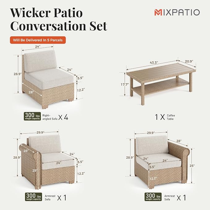 MIXPATIO Patio Furniture Set, 7 Piece Outdoor Rattan Wicker Sectional Conversation Set with 5.5" Thick Waterproof Cushions and Coffee Table for Deck Backyar