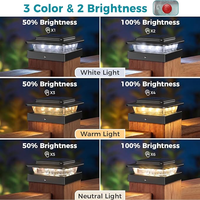 kolpop 4x4 Solar Post Cap Lights Outdoor 8Pack- 3 Color Temperatures& 2 Level Brightness, IP65 Waterproof, 16 LED Black Fence Deck Post Light Solar Powered Only for 4×4/3.5×3.5 Wood/Vinyl Posts