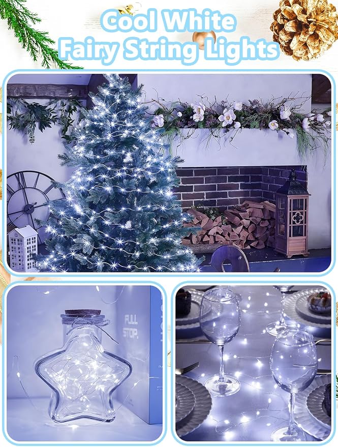 4 Pack Fairy Lights Battery Operated with Remote 33 FT 100 LED Cool White | Remote Control, 8 Modes, Timer, Adjustable brightness, Waterproof Lights for Indoor Outdoor Classroom Christmas Decor
