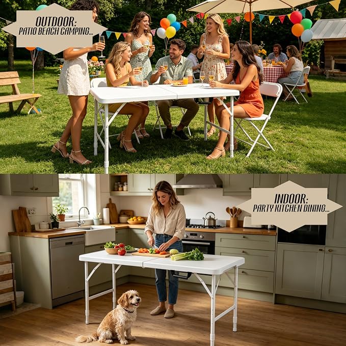 Portable Plastic Folding Table 4ft/6ft/8ft Heavy Duty White Black Picnic Dining Table Fold-in-Half for Camp Party Kitchen Indoor Outdoor (White, 4FT)