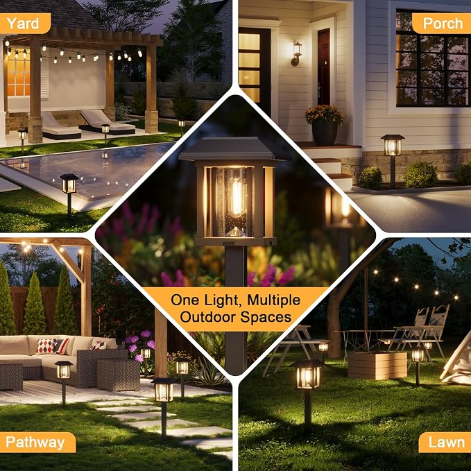 XMCOSY+ 4-Pack Solar Pathway Lights Outdoor, 25 Lumens Solar Garden Lights | IP65 Waterproof Seeded Glass & Metal Stakes, 2-Tone Vintage Edison LED Landscape Lighting for Yard, Patio, Walkway & Driveway