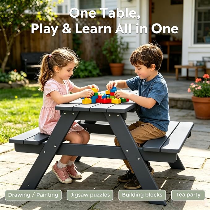 WestinTrends Malibu Outdoor Patio and Indoor Kids HDPE Plastic Picnic Bench Table, Gray