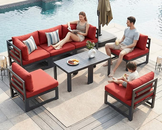 NICESOUL 8 Piece Oversized Modern Aluminum Patio Furniture Set, All Weather Rust Proof Modular Sectional Sofa with Side Table, 500 lbs Heavy Duty Comfortable Outdoor Couch for Backyard Deck, Burgundy