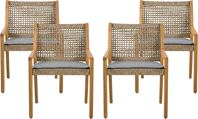 Christopher Knight Home Samma Acacia Wood Outdoor Dining Set for 4, Patio Dining Table Set for 4, Outdoor Dining Table and Sled Base, Dining Chairs with Cushion + Wicker Backrest, Teak+Brown+Grey