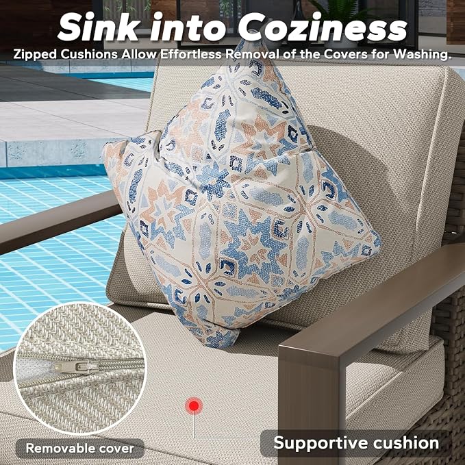 Outdoor Wicker Metal Chairs Set of 2 with Two Ottomans, 360 Degree Glider Rockers Armchairs, 4 Pieces Patio Bistro Set with Wood-Looking Metal Armrest for Poolside, Terrace, Beige