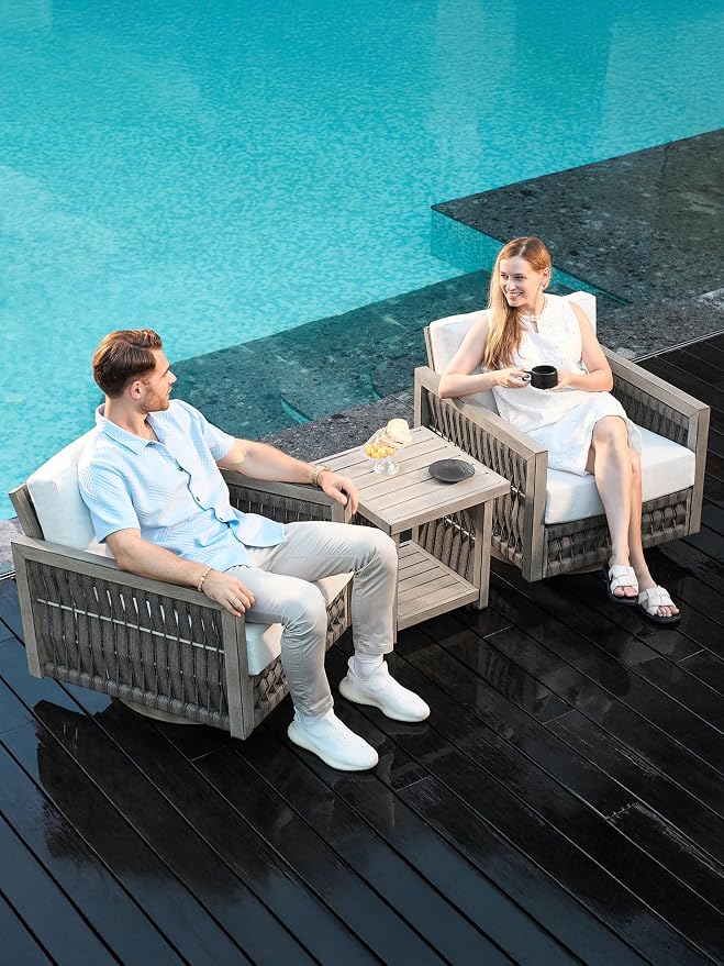3 Pieces Patio Furniture Set, Outdoor Aluminum Swivel Patio Bistro Set with Washable Cushions, Rope Weave Patio Conversation Set, Outdoor Furniture Set for Garden, Porch, Deck, Pool, Gray Oak