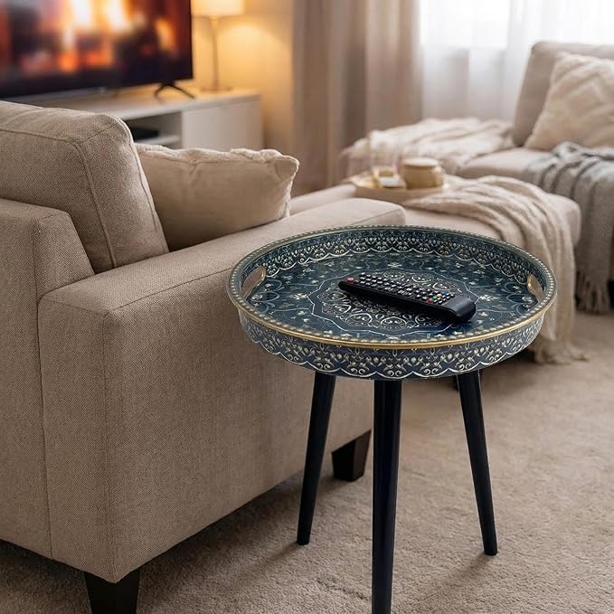 Round Indoor Side Tables with Detachable Wooden 3 Legs, Versatile Tray Table, Perfect for Round Coffee Table Tea, and Relaxation Time 17.7 Inch (33 Blue Maze)