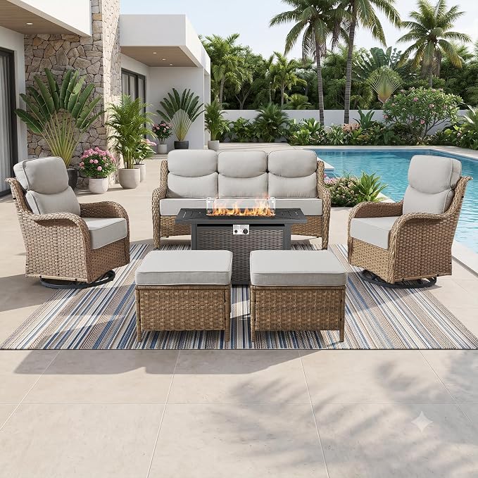 Luxury High Back Outdoor Furniture 6-Inch Thick Cushions with 50,000 BTU Gas Propane Fire Pit Tablet, Patio Furniture Set with Swivel Chairs, 6 PCS for Porch, Balcony, Deck and Yard