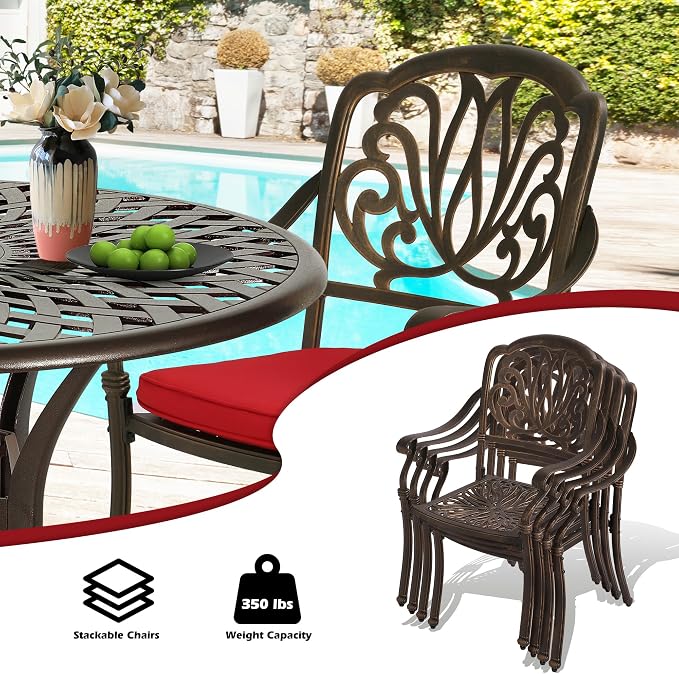 MAGIC UNION 9 Pieces Outdoor Dining Set, Cast Aluminum Retro Patio Dining Set Includes 87" Rectangular Dining Table with Umbrella Hole and 8 Stackable Dining Chairs with Cushions (Red)