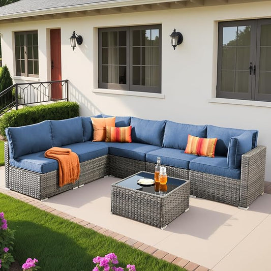 Weaxty 7 Pieces Outdoor Patio Furniture Set,Wicker Sectional Sofa Couch with Thicken Cushion and Glass Coffee Table,All Weather Rattan Patio Conversation Sets for Porch,Poolside,Backyard,Denim Blue