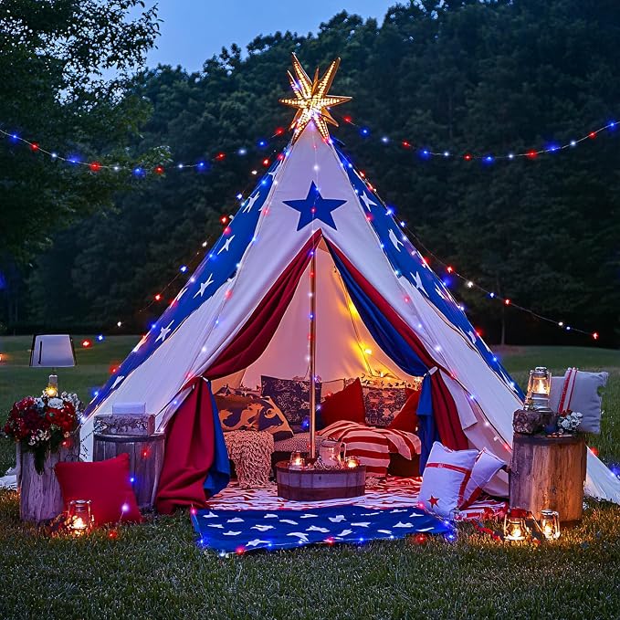 JMEXSUSS 2 Pack Solar Fairy Lights, Each 100 LED 33FT, Red White and Blue | Outdoor Waterproof, 4th of July Solar String Lights for Independence Day Outside Patio Yard Garden Decorations