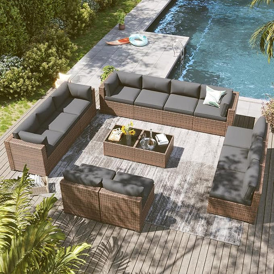 LazySunsets 14 Piece Outdoor Patio Furniture Set with Coffee Table, Outdoor Patio Furniture Sets with 4'' Thicken Cushion, Wicker Outdoor Conversation Set for Backyard & Garden, Grey