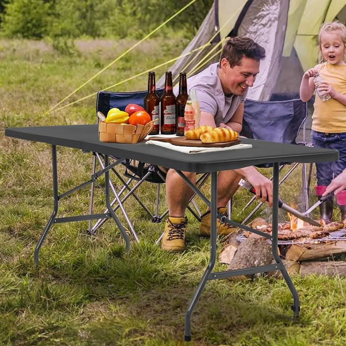 6FT Folding Table, Fold-in-Half Portable Plastic Table with Handle, Heavy Duty HDPE, 500 lbs Capacity, Waterproof & Scratch-Resistant, Locking Legs, Anti-Slip Feet for Indoor Outdoor Party Picnic