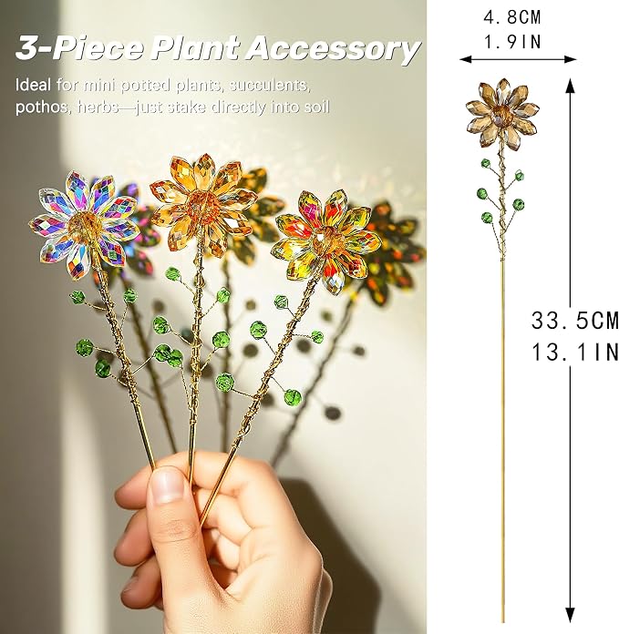 3Pcs Crystal Sunflower Suncatchers Glass Plant Suncatcher with Metal Stake