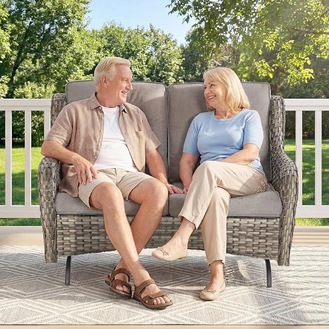 Patio Loveseat Sofa, Outdoor Wicker Loveseat with Luxury Thick Cushion, All-Weather Patio Furniture Set, Outdoor Glider Bench for Garden Balcony Backyard(Grey Wicker/Grey Cushion)