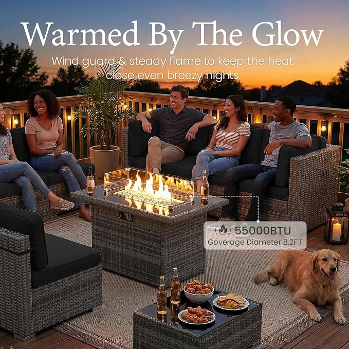 LayinSun 8 Piece Patio Furniture Set with Fire Pit Table, Outdoor Conversation Sets Wicker Rattan Sectional Sofa with Coffee Table