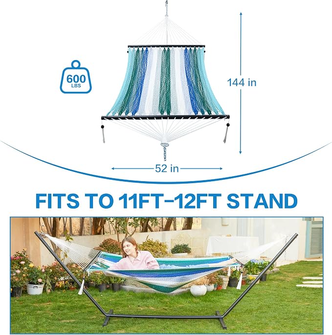 PNAEUT Double Rope Hammocks for Outside, Handwoven Double Caribbean Hammock with Spreader Bar for Outdoor Indoor, Max 600 lbs Capacity (Aqua)