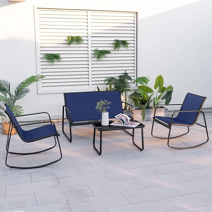 Tangkula 8 Piece Rocking Patio Furniture Set, 4 Rocking Chairs & 2 Loveseat with Glass-Top Table, Patio Rocking Set with Smooth Rocking Motion, Outdoor Rocker Conversation Set for Porch, Yard