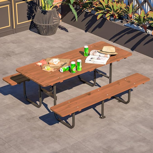 72'' Rectangular Outdoor Dining Table Wooden Patio Dining Table & 2 Built-in Bench for 8, 2" Umbrella Hole & Metal Base, Suitable for Picnic Backyard Garden Porch, Brown
