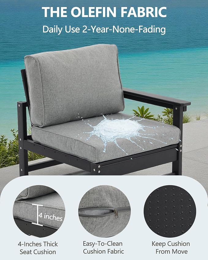HDPE Outdoor Patio Furniture Set, 7-Piece Sofa Set with 5-Seat Couch 2 Coffee Tables, Weatherproof Conversation Set with Cushions, All-Weather Waterproof, for Garden, Porch & Backyard