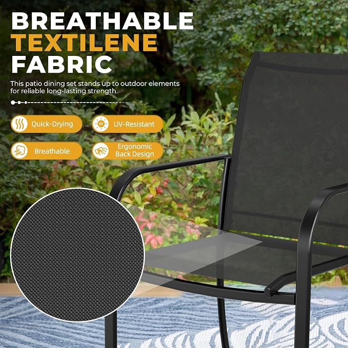 5-Piece Patio Dining Set with Umbrella,4 Person Outdoor Table and Chairs Set, 4 Metal Dining Chairs and Round Outdoor Table with 1.57" Umbrella Hole,Black