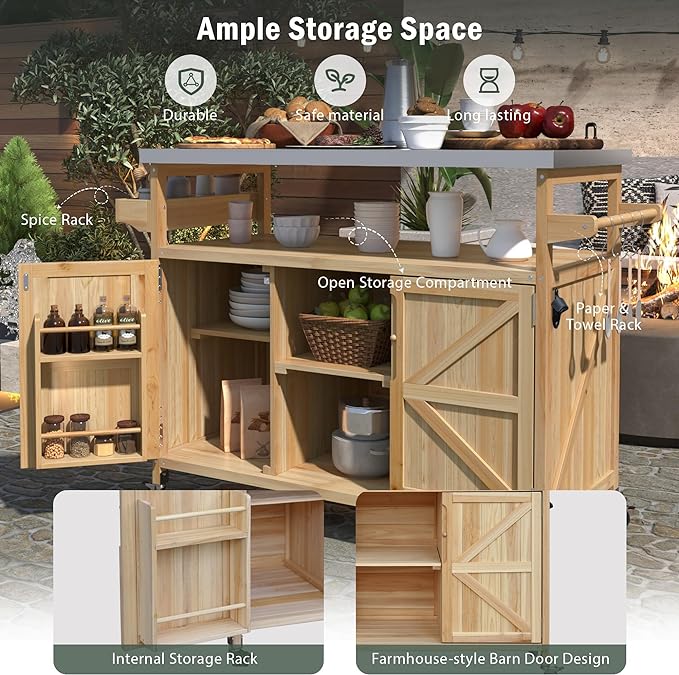 Outdoor Grill Table Bar Cart with Stainless Steel Top, Farmhouse Solid Wood Outdoor Kitchen Island with Spice Rack and Towel Rack, Rolling Island Cart for Kitchen, BBQ, Garden, Patio, Natural