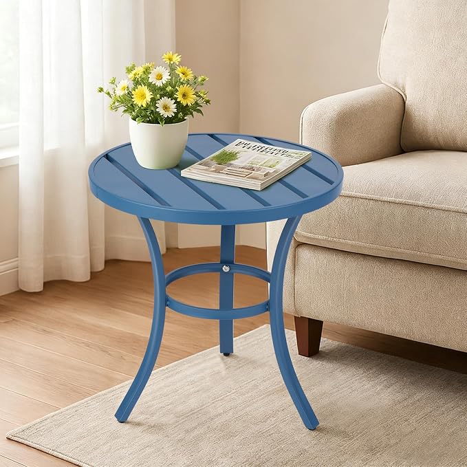 19.9" Metal Outdoor Round Side Table, Patio Side Table End Table for Porch Backyard Balcony Outside (Navy Blue)