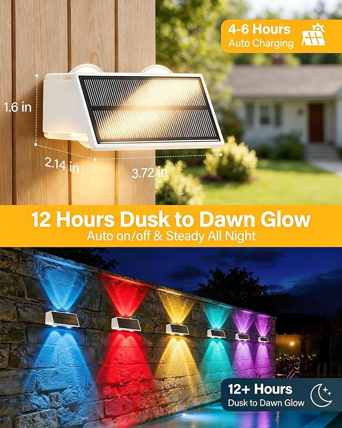 Solar Fence Lights Outdoor, 2 Pack Fence Solar Lights Waterproof | IP65 Fence Lights Solar Powered Up & Down LED Focus, 9 Color Modes, 12H Dusk to Dawn Glow for Patio/Backyard - Pure White