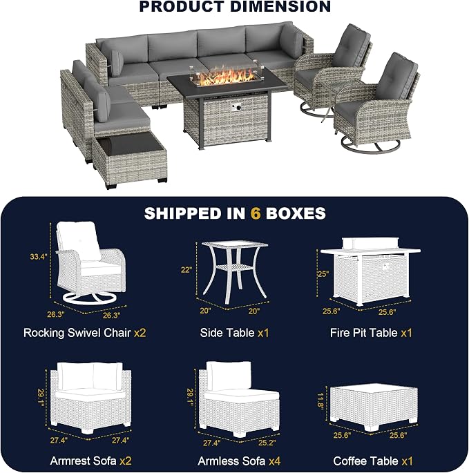 11-Piece Outdoor Patio Furniture Set with Rocking Swivel Chair, Wicker Rattan Sectional Sofa Conversation Set with 55,000 BTU Fire Pit Table, Backyard Furniture, Grey