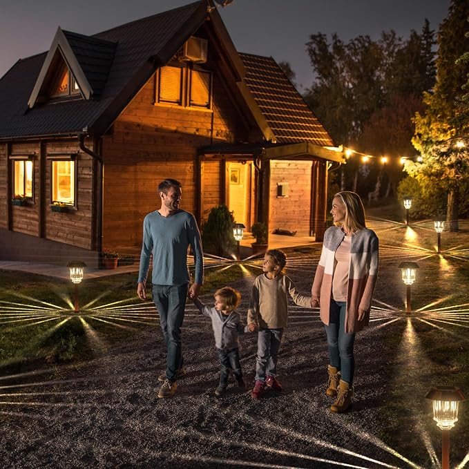 XMCOSY+ Solar Lights Outdoor Waterproof, 4 Pack Solar Pathway Garden Lights | 10-40LM Dimmable Warm White, All-metal Auto On/Off Solar Light, Waterproof Solar Powered Light for Driveway Walkway Sidewalk