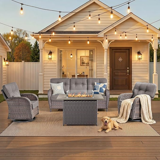4-Piece Luxury Patio Furniture Set with Fire Pit Table, Weather Resistant Rattan High Back Swivel Rocker Chairs Senior Friendly Conversation Set for Small Porch Deck Sunroom Brown/Grey
