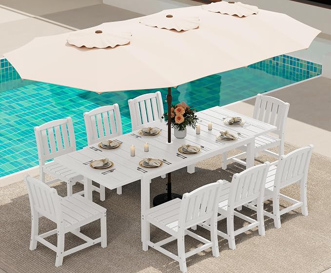 SERWALL 10-Piece Patio Dining Sets with 15FT Patio Umbrella, White | 60" - 83" Expandable Outdoor Dining Table and 8 HDPE Chairs, All Weather HDPE Outdoor Furniture Set